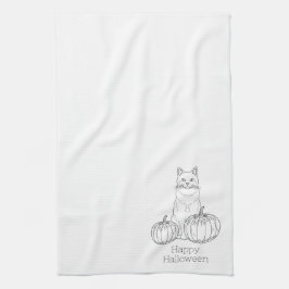 Katt Och Pumpa Linje Konst Enkel Minimal Halloween Kökshandduk