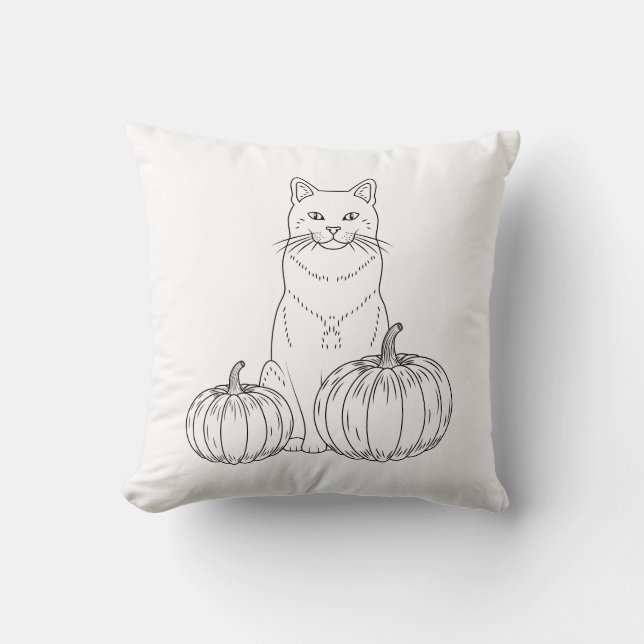 Katt Och Pumpa Minimalistisk Linje Konst Höst Kudde (Framsida)