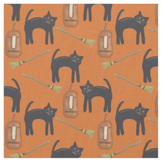 Katt och pumpor av prim, Halloween Fabric Tyg (Närbild)