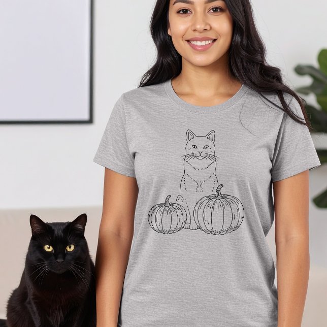 Katt- och pumpor med minimal konsthjälp, Halloween T Shirt (Disclaimer: This image is a digital mockup.)