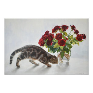 Katt och röda rosor – realistisk oljemålningstryck fototryck
