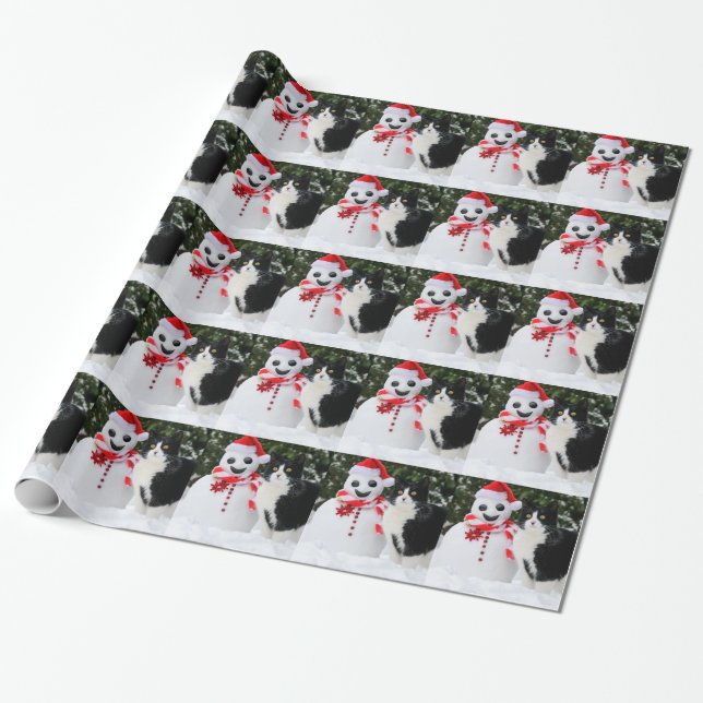 Katt- och Santa snögubbejul Presentpapper (Utrullad)