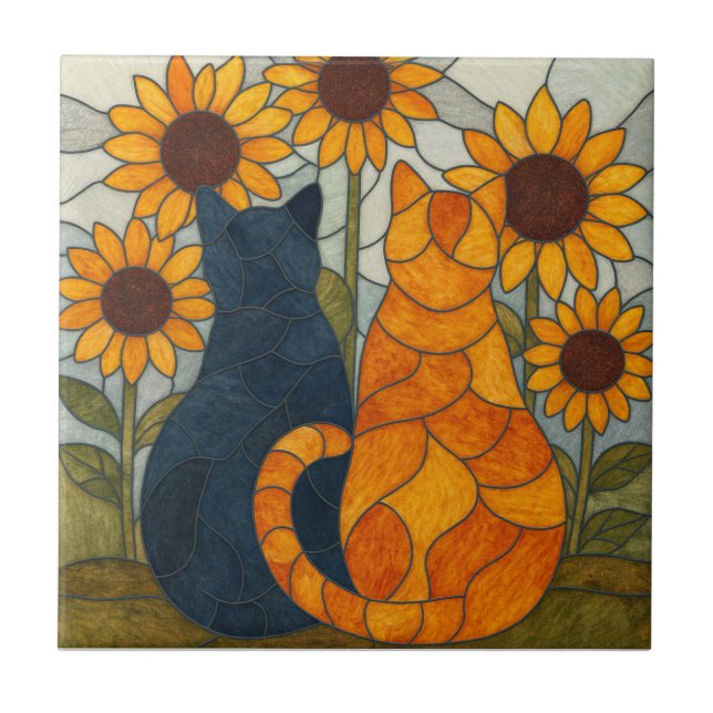 Katt- och solroskonst i glasmåleri kakelplatta (Framsidan)