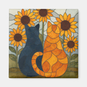 Katt- och solroskonst i glasmåleristil magnet