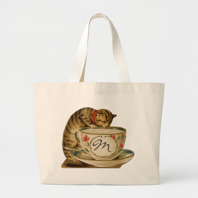 Katt och tekopp Vintage Victorian Jumbo Tygkasse (Framsidan)