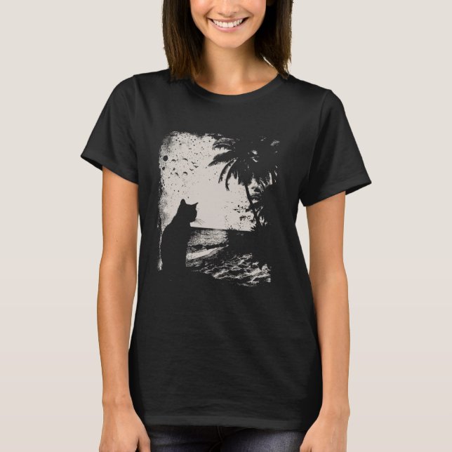 Katt och tropisk strand t shirt (Framsida)