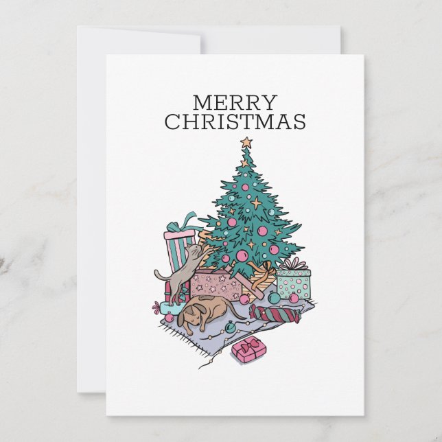 Katt och valp Julgran, enkel minimalistisk Julkort (Framsida)