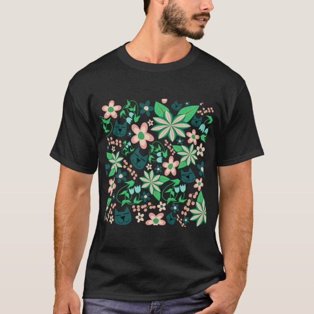 Katt och Vår blommor i blått T Shirt (Framsida)