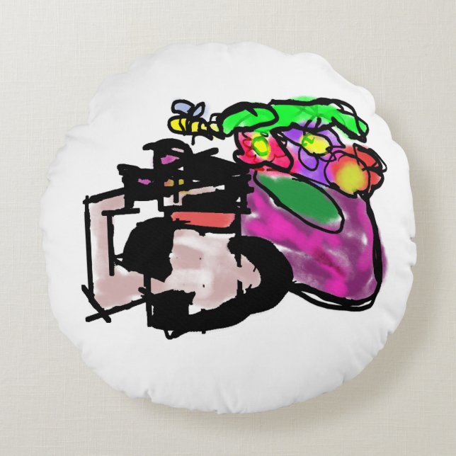 Katt och vårblommor  rund kudde (Framsidan)