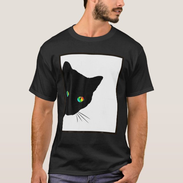 Katt Ögon, regnbåge, svart katt T Shirt (Framsida)