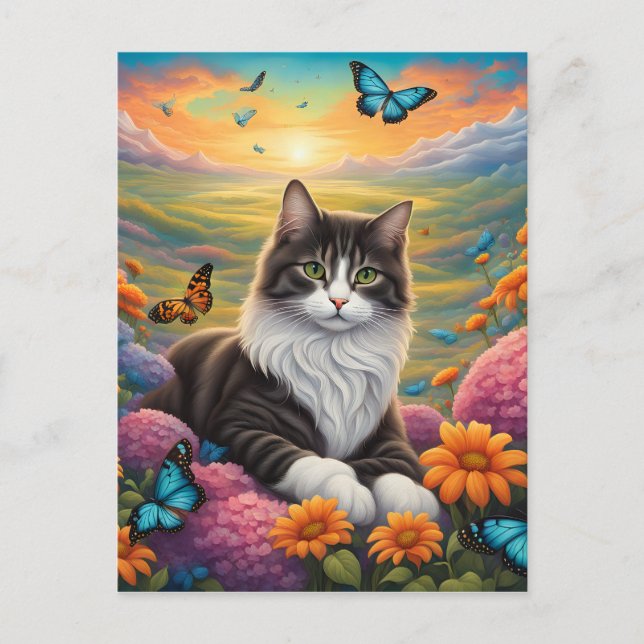 Katt omgiven av blommor och fjärilar vykort (Framsida)