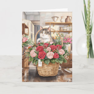 Katt ordnar blomsterrosor korg Alla hjärtans dag Kort
