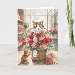 Katt ordnar blomsterrosor korg Alla hjärtans dag Kort