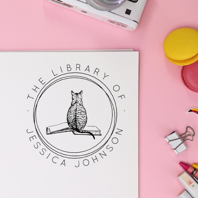Katt på Bok Cute Modern Bibliotek Självfärgande Stämpel (Skapare uppladdad)
