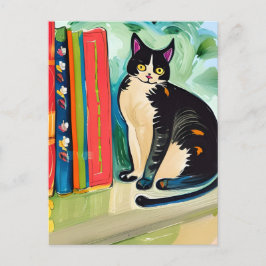 Katt på bokhylla  vykort