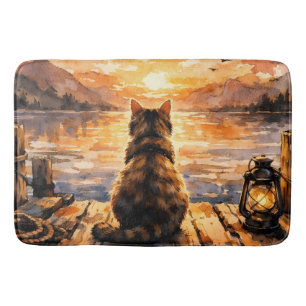 Katt på brygga vid solnedgång badrumsmatta