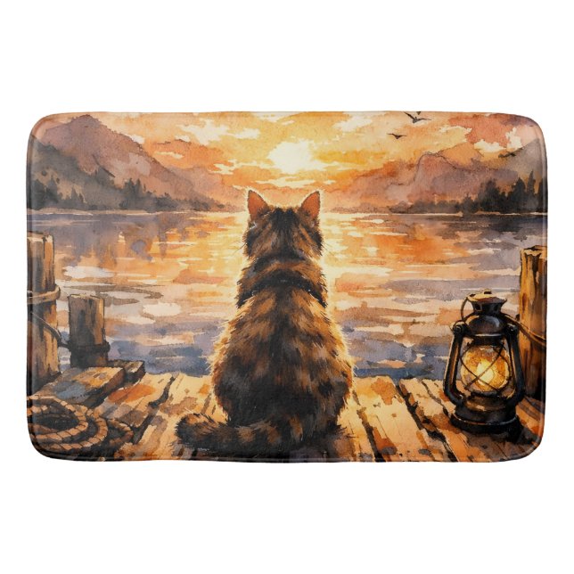 Katt på brygga vid solnedgång badrumsmatta (Framsidan)