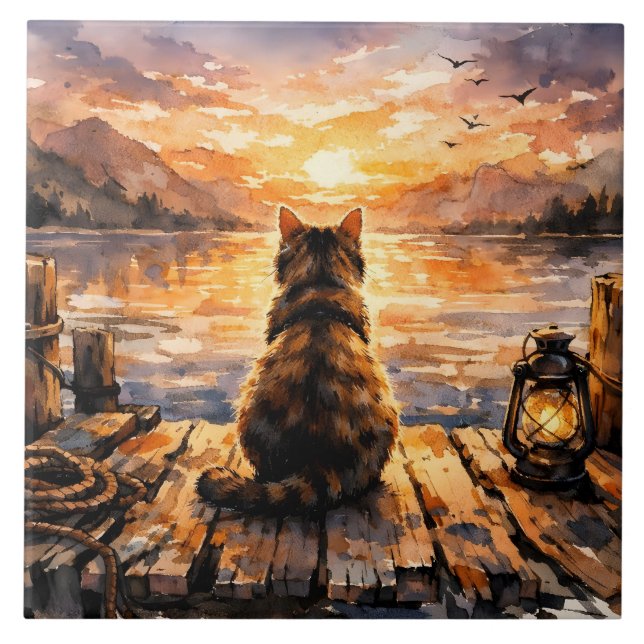 Katt på brygga vid solnedgång kakelplatta (Framsidan)