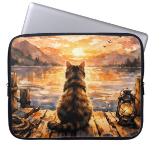 Katt på brygga vid solnedgång laptop fodral