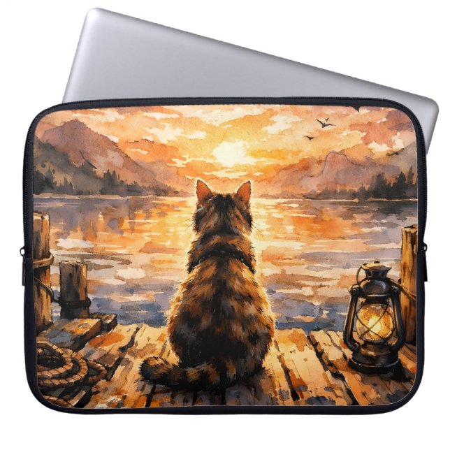 Katt på brygga vid solnedgång laptop fodral (Framsidan)