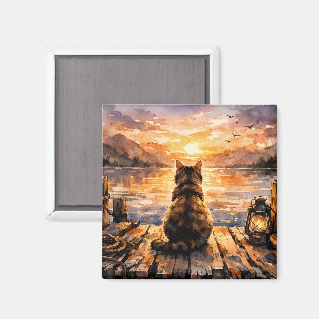 Katt på brygga vid solnedgång magnet (Front/Back)