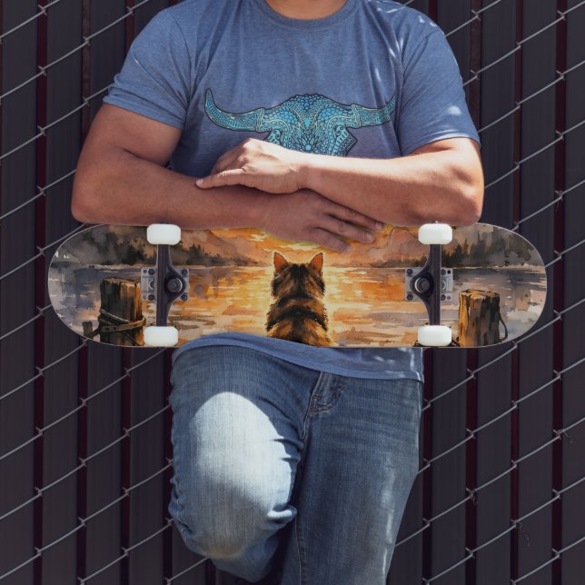 Katt på brygga vid solnedgång mini skateboard bräda 18,5 cm (Utomhus 3)