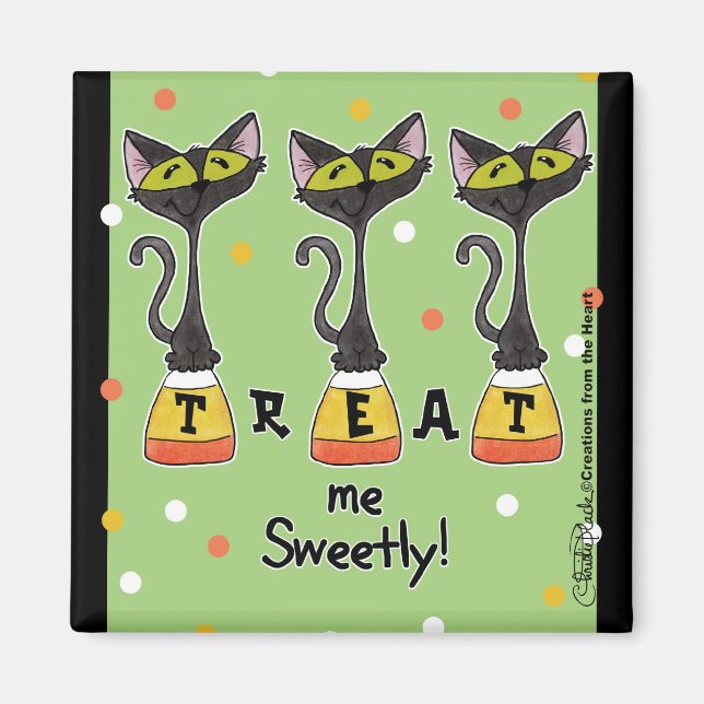Katt på Candy corn Behandla mig sött Grönt Magnet (Framsidan)