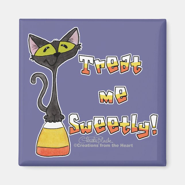 Katt på Candy corn-Behandla mig sött Magnet (Framsidan)