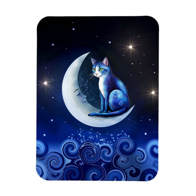 Katt på Crescent Måne blue Cat 773 Magnet (Vertikal)