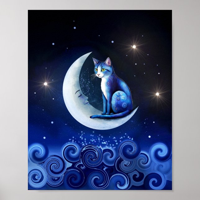 Katt på Crescent Måne blue Cat 773 Poster (Framsidan)