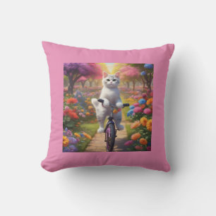 Katt på cykel i färg med blomsterfolie kudde