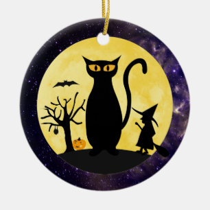 Katt på en Halloween måneprydnad Julgransprydnad Keramik