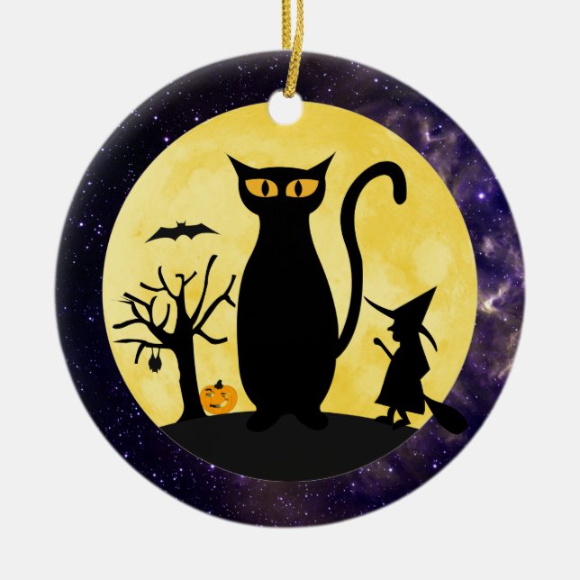Katt på en Halloween måneprydnad Julgransprydnad Keramik (Framsidan)