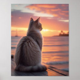 Katt på en Pir med en Solnedgång och Oceaniskt Bak Poster