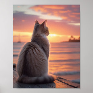 Katt på en Pir med en Solnedgång och Oceaniskt Bak Poster