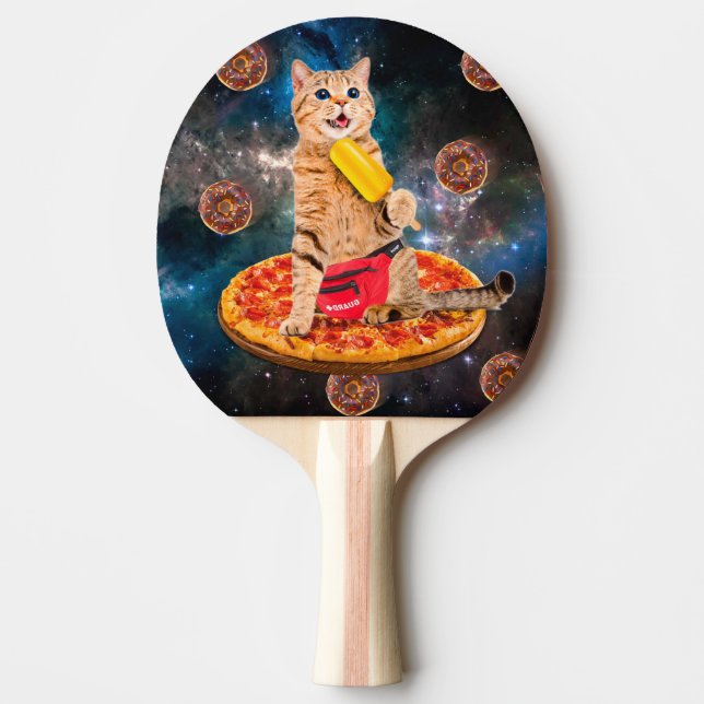 Katt på en pizza som äter is ensam pingisracket (Framsidan)