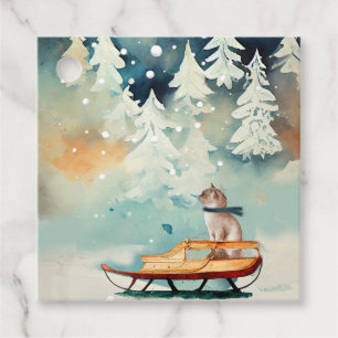 Katt på en Sled i en Winter Wonderland Gift-Märkre Gåvor Etiketter