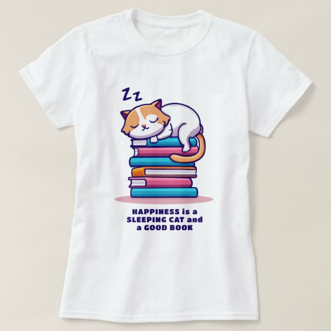 Katt på en stapel av Bokar Cute Personlig Literary T Shirt (Design framsida)