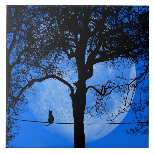 Katt på en Wire Blue Måne Kakelplatta (Framsidan)