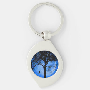 Katt på en Wire Blue Måne Swirl Silverfärgad Nyckelring