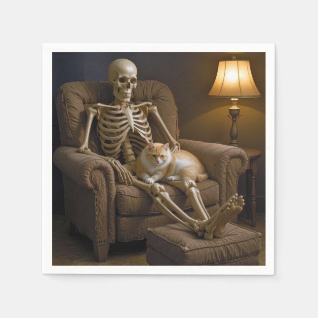 Katt på ett Halloween-skelett Pappersservett (Framsidan)