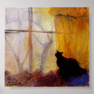 Katt på fönstret med gula gardiner poster