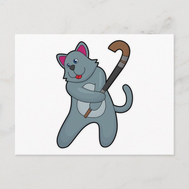 Katt på hockey med hockeyklubba vykort (Framsida)