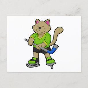 Katt på Ishockey med Ishockeyklubba Vykort