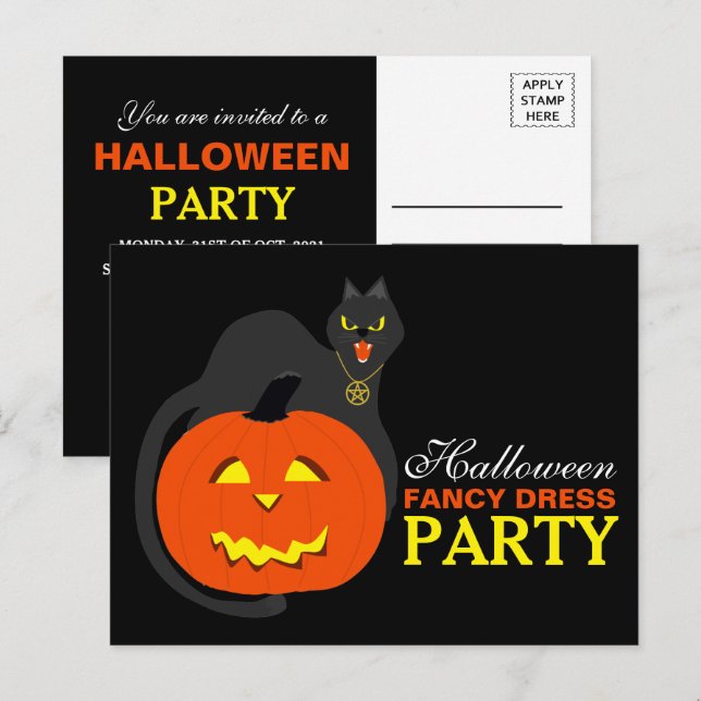 Katt på Pumpkin Halloween Finare Dress Party Inbju Inbjudan Vykort (Fram/baksida)