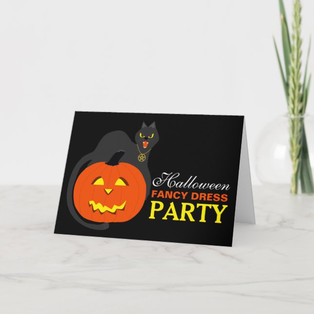 Katt på Pumpkin Halloween Finare Dress Party Inbju Tack Kort (Framsida)