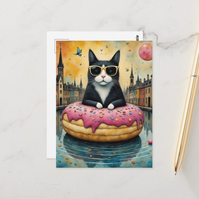 Katt på semester i en flytande donut vykort (Fram/Back In Situ)