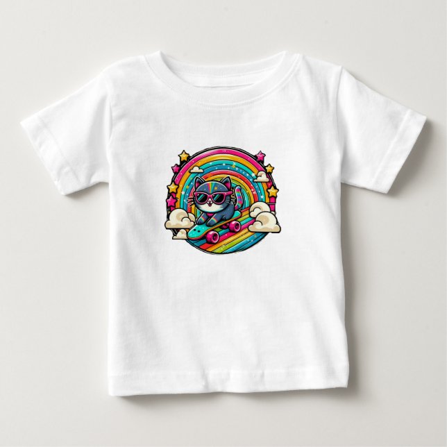 Katt på Skateboard Baby T Shirt (Framsida)