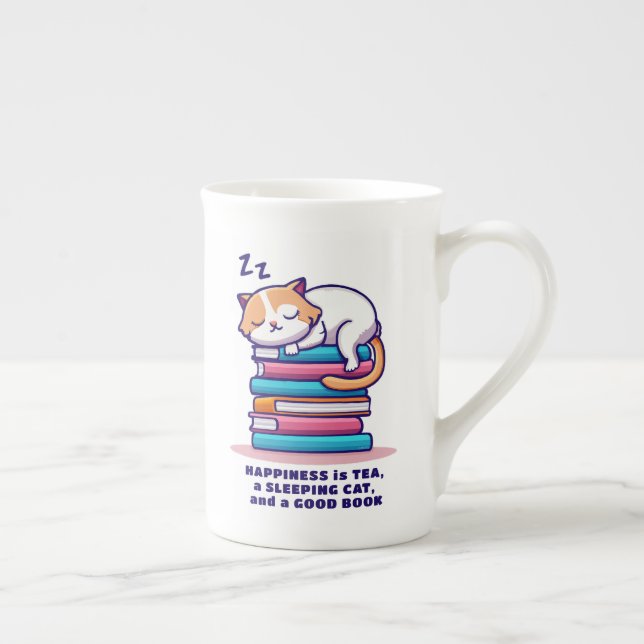 Katt på stapeln på Bokar Cute Personlig Reader Tea Benporslin Mugg (Höger)