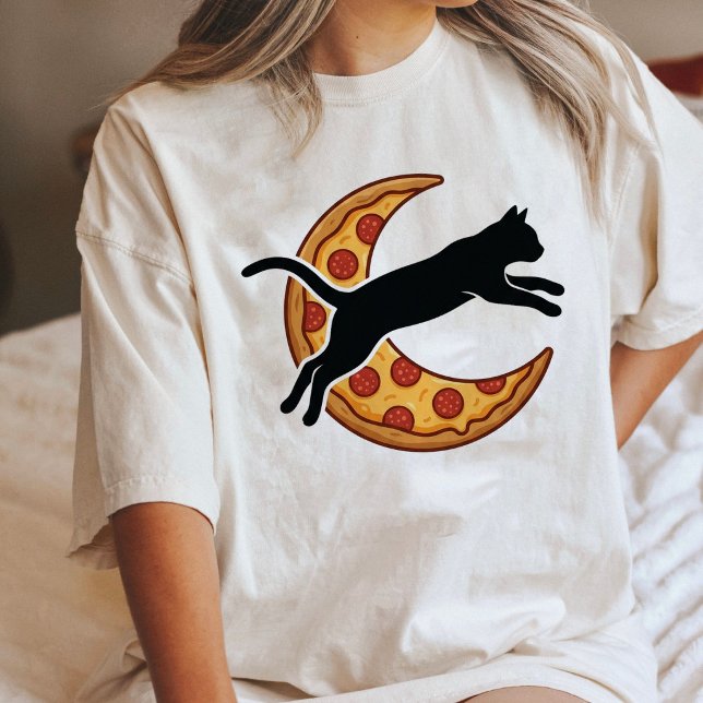 Katt Pizza Mån Silhuett Design T Shirt (Skapare uppladdad)